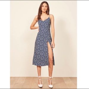 Reformation Crimini Dress in Blue Floral with Slit